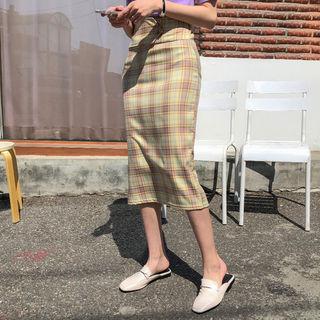 Button-detail Plaid Midi Skirt