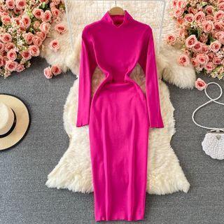 Long Sleeve Mock Neck Sheath Knit Dress