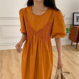 Puff-sleeve Lace Panel Midi Smock Dress