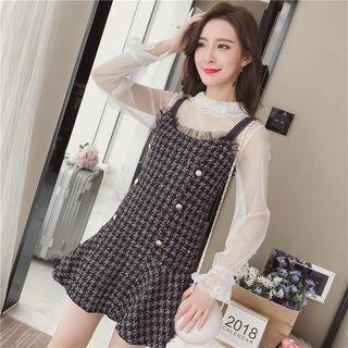 Set: Long-sleeve Mesh Top + Ruffle Hem Patterned Spaghetti Strap Dress