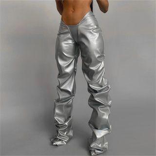 Low-rise Faux Leather Metallic Pants