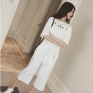 Set: Star Print Short-sleeve T-shirt + Cropped Wide-leg Pants