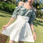 Frill Trim Off Shoulder Elbow Sleeve Blouse / A-line Skirt