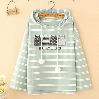 Cat Print Striped Hoodie