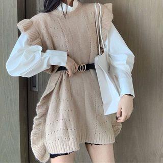 Set: Long-sleeve Blouse + Sleeveless Mini Knit Dress