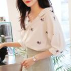 3/4-sleeve Floral Embroidered Blouse