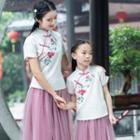 Family Matching Flower Embroidered Short-sleeve Hanfu Top / Mesh A-line Skirt