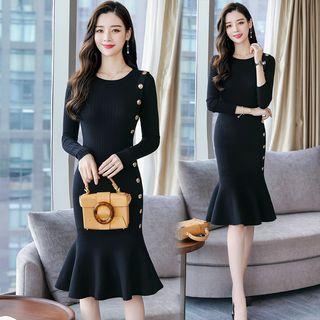 3/4-sleeve Mermaid Knit Sheath Dress Black - One Size