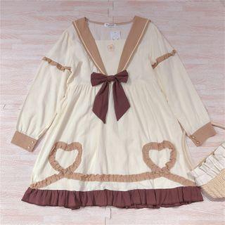 Ruffle Long-sleeve A-line Dress Khaki - One Size