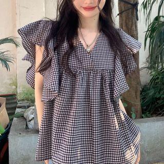Sleeveless Ruffle Plaid Top Plaid - Black & White - One Size