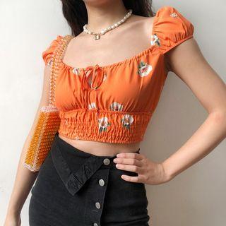 Cap-sleeve Floral Cropped Top