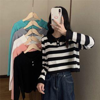 Polo-neck Long-sleeve Knit Top