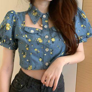 Short-sleeve Floral Print Denim Blouse