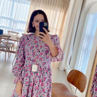 Shirred Rosette Long Dress Pink - One Size