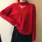 Mesh Panel Pointelle Knit Mock-neck Sweater