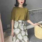 Plain Elbow Sleeve T-shirt / Leaf Print A-line Skirt