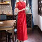Short-sleeve Lace Panel Maxi A-line Cheongsam