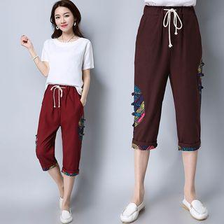 Patterned Panel Cropped Drawstring Pants