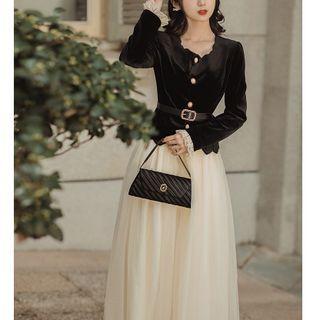 Long-sleeve Mock Two-piece Two-tone Maxi A-line Dress