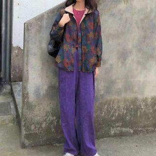 Floral Print Zip-up Jacket / Straight Leg Pants