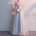 Elbow-sleeve Lace Panel Mesh Overlay Maxi A-line Gown