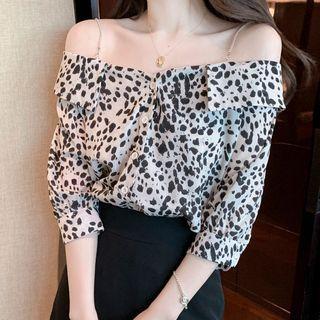 Elbow-sleeve Cold-shoulder Leopard Print Blouse