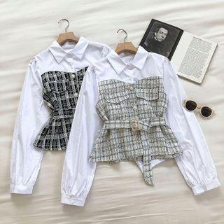 Mock Two-piece Plaid Panel Lace-up Long-sleeve Blouse