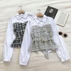 Mock Two-piece Plaid Panel Lace-up Long-sleeve Blouse