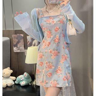 Wide Strap Floral Print Denim Dress / Cardigan