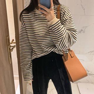 Round-neck Striped Fleece-lined Pullover