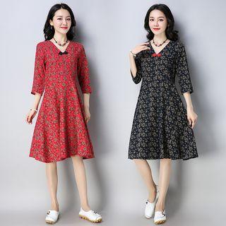 Floral Elbow-sleeve A-line Midi Dress