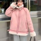 Buckled Fleece Trim Zip Jacket Pink - One Size