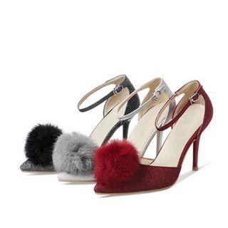 Pompom Glittered Ankle Strap High Heel Sandals