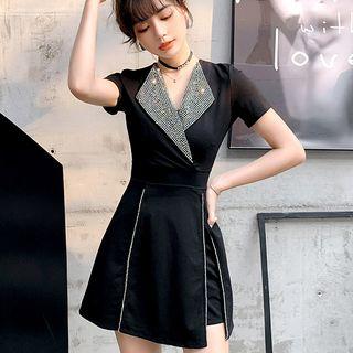 Set: Sequined Short-sleeve A-line Dress + Shorts