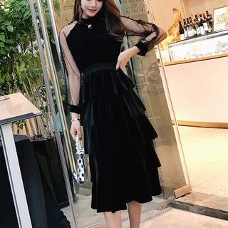 Mesh-sleeve Tiered A-line Velvet Dress