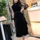 Mesh-sleeve Tiered A-line Velvet Dress