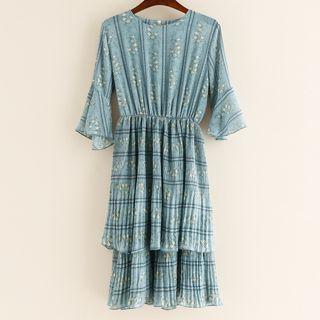 Layered Bell Elbow-sleeve Pleated Chiffon Dress