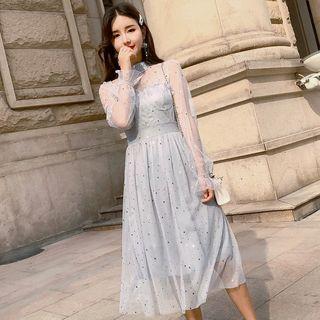 Long-sleeve Sequined Midi Chiffon Dress
