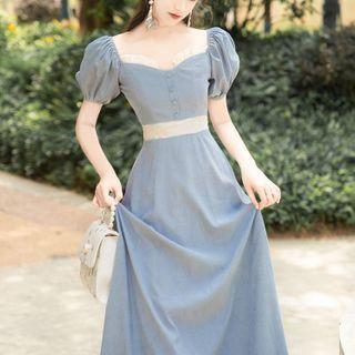 Puff-sleeve Frill Trim Midi A-line Dress