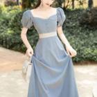 Puff-sleeve Frill Trim Midi A-line Dress