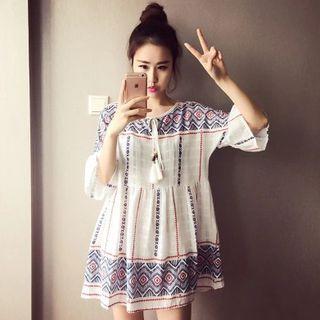 Elbow-sleeve Patterned Tunic Dress