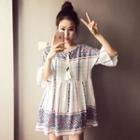 Elbow-sleeve Patterned Tunic Dress