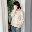 Flower-punched Scallop-edge Knit Top Light Beige - One Size