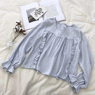 Plain Frilled Ruffled-trim Flare-sleeve Top