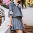 Set: Sailor Collar Elbow-sleeve Blouse + Pleated Skirt