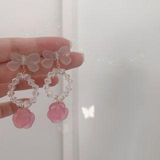 Bow Faux Crystal Drop Earring 1 Pair - Earrings - 925 Silver - Butterfly - Pink - One Size
