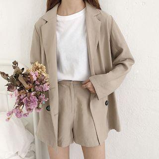 Set: Plain Double-breasted Blazer + Plain Wide-leg Shorts