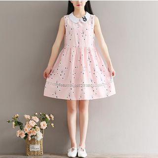 Collared Sleeveless Floral Print Perforated Dress