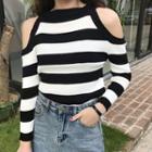 Cut Out Shoulder Striped Sweater