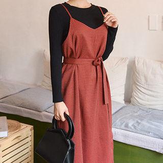 Spaghetti-strap Checked Dress With Sash